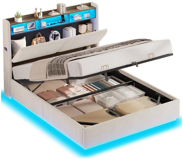 MSMASK Polsterbett Hydraulisches Stauraumbett mit LED Beleuchtung und Steckdosen (1-tlg, Ohne Matratze), Jugendbett mit Stauraum Kopfteil, 140x200cm