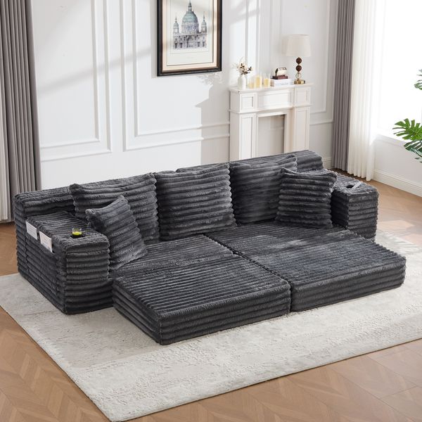 4-Sitzer Sofa B 273 x T 98 x H 87 cm aus Cord, frei kombinierbar mit Schlaffunktion