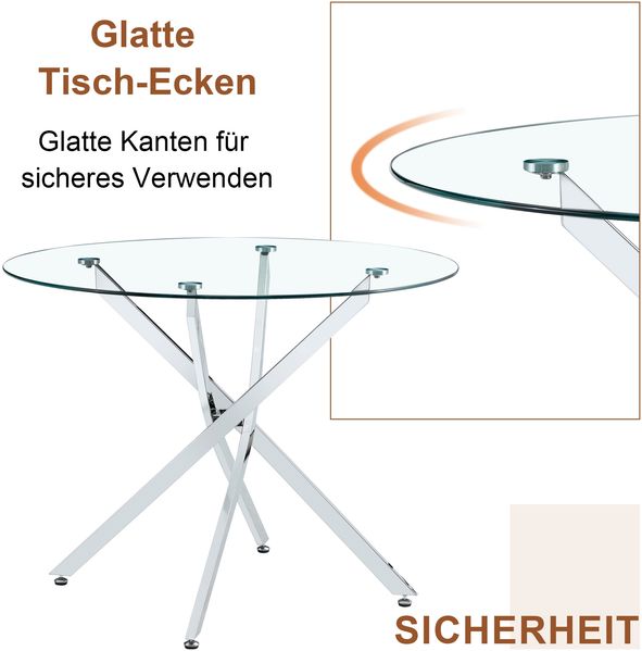 Runder Esstisch im luxuriösen Leicht-Design mit 88 cm, Schlichter Esstisch aus gehärtetem Glas mit silbernem Metallgestell, geeignet für kleine Wohnungen, Haushalte und Essbereiche, Für 2–4 Personen Bild 5