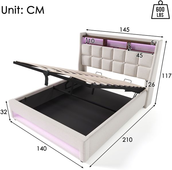 Polsterbett 140x200 cm, Leinenbezug beige mit LED & USB, geräumiger Stauraum per Gasdruckfeder, Lattenrost inkl. (ohne Matratze)