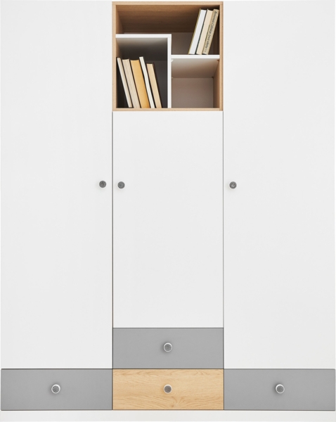 Kleiderschrank Pezru PX1 (Farbe: Biskuit Eiche / Biskuit Eiche + Weiß Lux + Grau)