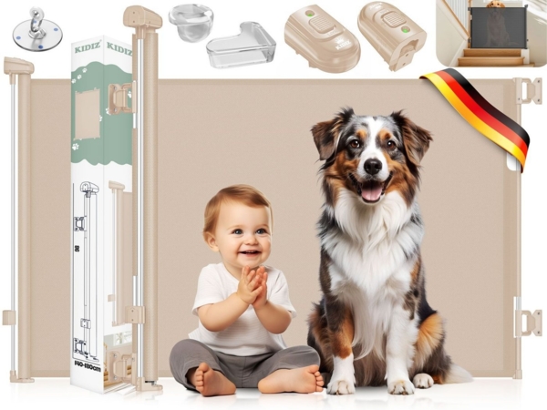 KIDIZ® Treppenschutzgitter Türschutzgitter ausziehbar bis 140/180cm | kindersicheres Treppengitter für Babys & Haustiere | Schutzgitter Treppen & Türen Absperrgitter inkl. Bodenanker & Montagezubehör Beige, 0-140cm