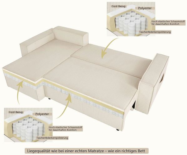 OTTO home Ecksofa CASSI L-Form, 241cm - OTTO. Verlässliche Qualität, Schlaffunktion (133/200), Bettkasten, Tonnentaschen-Federkern, Cord Bild 4