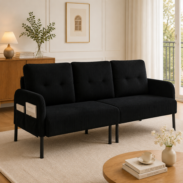 Cordsofa komprimiert, hohe Lehne, beidseitige Taschen, Getränkehalter, Schwarz