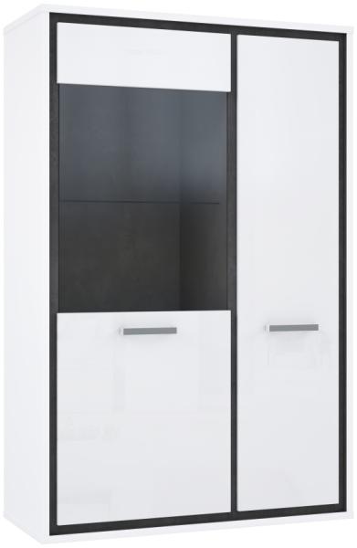 Highboard-Vitrine RIGMOR weiß Hochglanz und Beton Optik