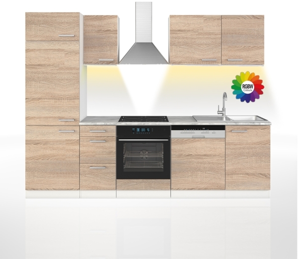 Küchenzeile Optima Sonoma/Weiß 270 cm ohne Arbeitsplatte mit LED-Leisten Vicco