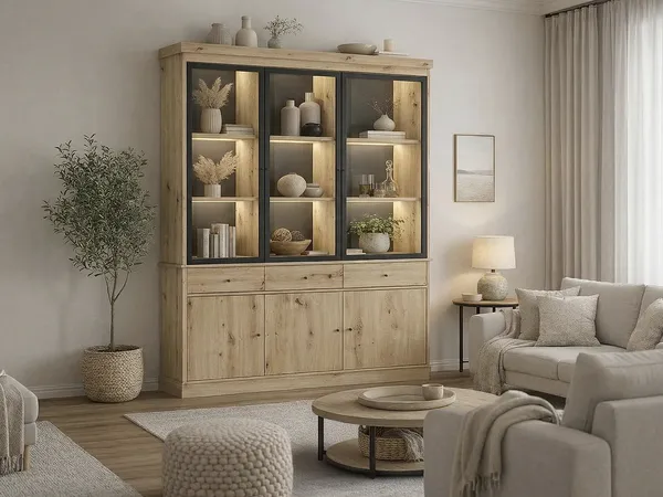 Vente-unique - MARSORIA Display cabinet GlasHolz, Platte SchwarzBeige - B 39,6 cm x H 217,8 cm x L 172,5 cm