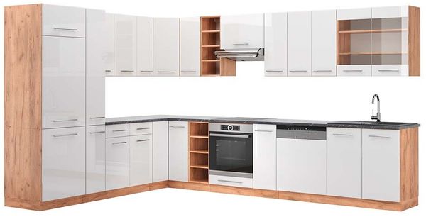 Eckküche Fame-Line Weiß Hochglanz/Goldkraft Eiche 347 x 60 cm , AP Anthrazit Vicco