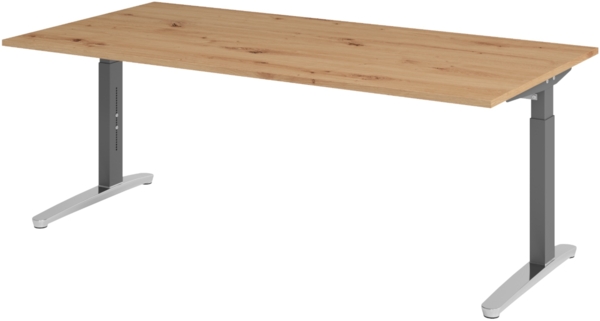 bümö manuell höhenverstellbarer Schreibtisch 200x100 in Asteiche, Gestell in graphit/alu - PC Tisch höhenverstellbar & groß, höhenverstellbarer Tisch Büro, großer Computertisch verstellbar, X2E-R-GC