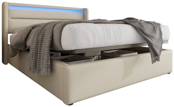 Ulife Polsterbett Doppelbett Hydraulisches Stauraumbett mit LED-Beleuchtungsleiste, 160×200cm