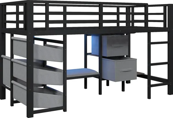Hochbett mit LED-Beleuchtung, Rausfallschutz, Lattenrost, Schubladen, Leiter, Kleiderstange, Sitzbank, 90x200cm, Kinderbett, Metallbett Bild 10