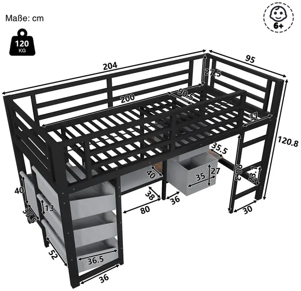 Hochbett mit LED-Beleuchtung, Rausfallschutz, Lattenrost, Schubladen, Leiter, Kleiderstange, Sitzbank, 90x200cm, Kinderbett, Metallbett Bild 7