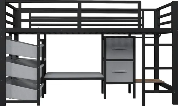 Hochbett mit LED-Beleuchtung, Rausfallschutz, Lattenrost, Schubladen, Leiter, Kleiderstange, Sitzbank, 90x200cm, Kinderbett, Metallbett Bild 9