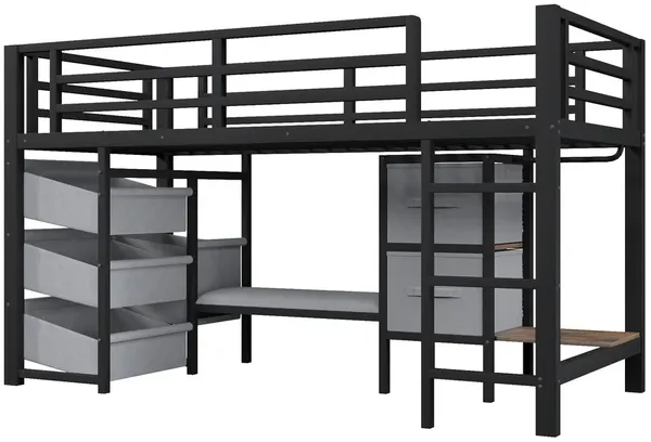 Hochbett mit LED-Beleuchtung, Rausfallschutz, Lattenrost, Schubladen, Leiter, Kleiderstange, Sitzbank, 90x200cm, Kinderbett, Metallbett Bild 8