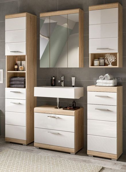 Badmöbel Set Mambo in weiß Hochglanz und Eiche 5-teilig 164 cm