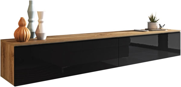 TV-Lowboard Stone 180, ohne Beleuchtung, Farbe: Wotan / Schwarz Hochglanz