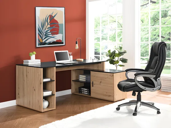Vente-unique - ROMIARA Büromöbel Holz, Platte SchwarzBeige - B 120 cm x H 76 cm x L 174 cm