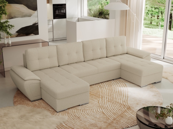 U-förmiges Ecksofa mit Schlaffunktion, genähter Sitz, zwei Armlehnen und losen Kissen - UMBRIA U - Beige Boucle