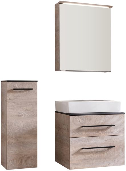 FACKELMANN OXFORD Badmöbel Set 5-teilig 60 cm breit, Braun hell, Aufsatzwaschbecken Keramik Weiß + Waschtischplatte + LED Spiegelschrank + Midischrank