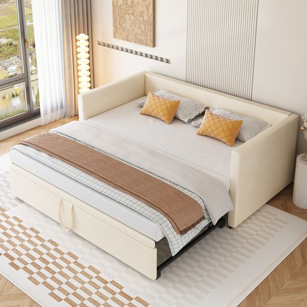 Polsterschlafsofa, Samt mit Ausziehbett & Lattenrost, 90x200/180x200 cm, Beige, ohne Matratze
