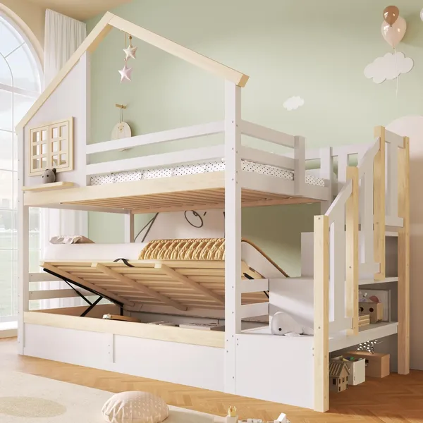 Etagenbett mit 2 Liegeflächen, Rausfallschutz, Stauraum und Lattenrosten, Treppe mit Regal, 90x200 cm/90x200 cm, Kinderbett, Stauraumbett, Kiefer