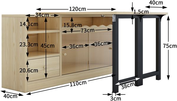 Ausziehbarer Klapp-Esstisch mit integriertem Stauraum, 110x40x75 cm, Natur+Schwarz Bild 10