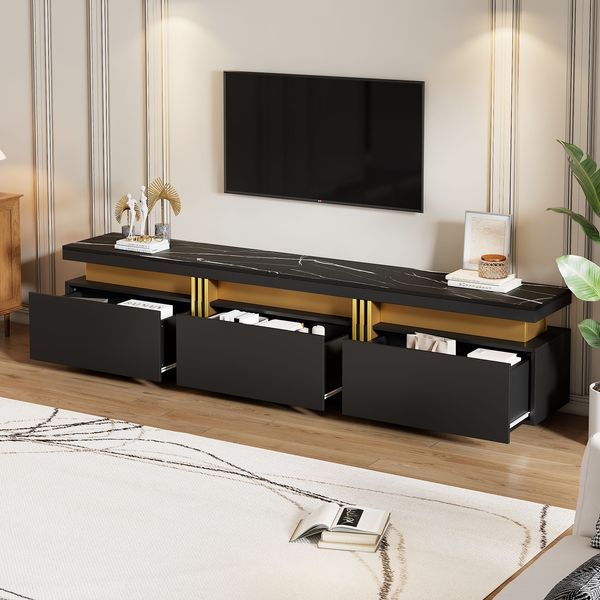 TV-Schrank 200 cm in Schwarz mit luxuriöser Marmor-Optik, 3 Schubladen, Kabelmanagement, für Fernseher bis 90 Zoll