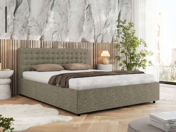 Polsterbett mit Holzlattenrost Doppelbett PAVO CLASSIC, hohe Kopfteil, Bettkasten mit Gasdruckfeder - 160 x 200 cm - Grau Strukture