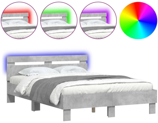vidaXL Bettgestell mit Kopfteil LED-Beleuchtung Betongrau 135x190 cm 3207570