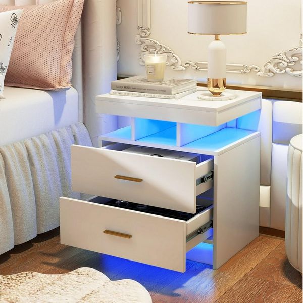 COSTWAY Nachttisch (2-St), mit LED-Beleuchtung, Sofatisch mit 2 Schubladen, 50x40x58 cm