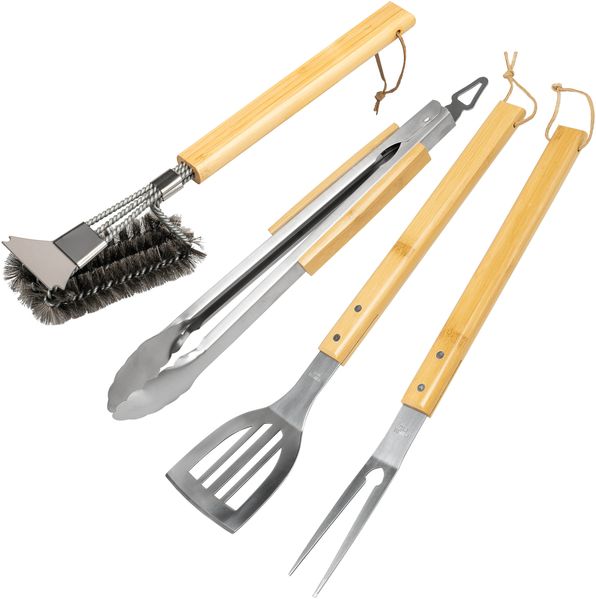 eluno Grillbesteck 4er-Set, Edelstahl und Bambus