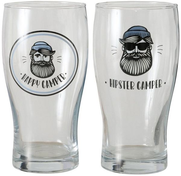BOLTZE Bierglas Camper Gläser Set 2er – „Happy Camper“ & „Hipster Camper“, 550 ml, 2-tlg, Glas