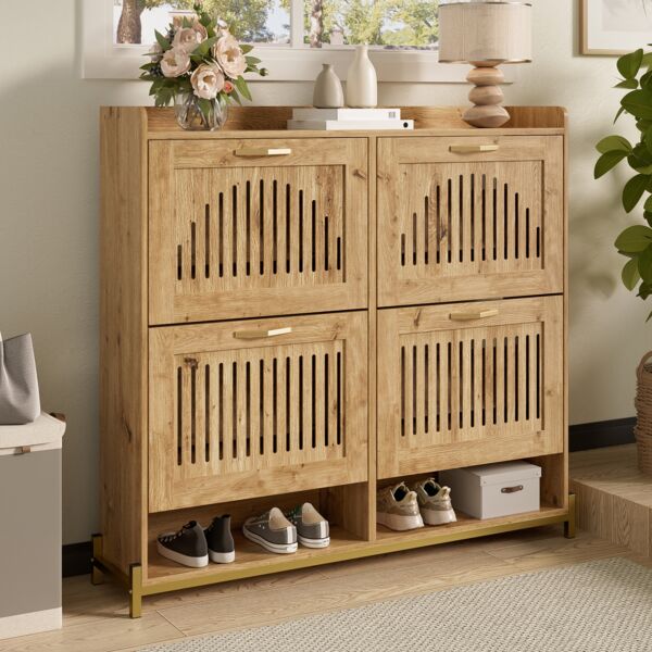 Schuhschrank 108,5 x 24 x 100 cm aus MDF in Holzoptik mit 4 Lamellentüren & Metallgestell