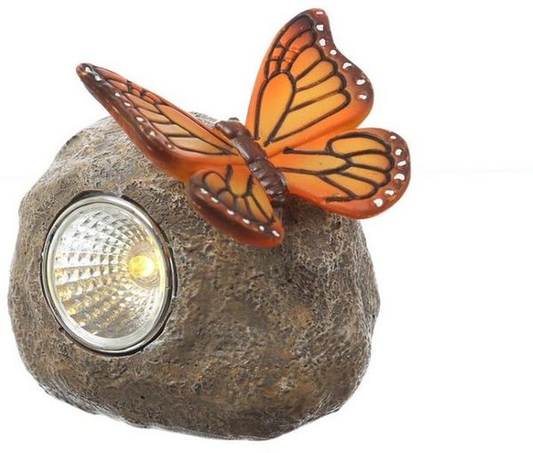 MARELIDA LED Solarleuchte LED Solar Stein mit orangenem Schmetterling Gartenfigur Gartendeko 9cm, LED Classic, warmweiß (2100K bis 3000K)