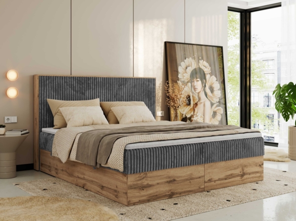 Doppelbett, Boxspringbett mit Bettkästen, Multipocket-Matratze und Topper, Set mit Kopfteil, Eiche Wotan Holzrahmen - WOOD CLASSIC - 180 x 200 cm - Grau Cord - H4
