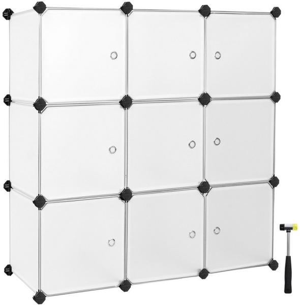 SONGMICS Regalsystem, Schuhregal, Set aus 9 Würfeln, Kleiderschrank aus Kunststoff, mit Türen, Steckregal, Aufbewahrung von Kleidung, Schuhen und Büchern, einfache Montage, weiß LPC116WS