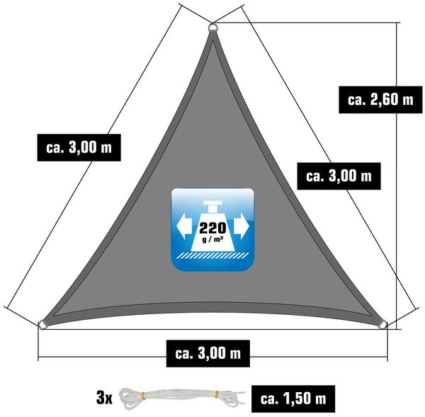 3x3x3m UV Sonnensegel Atmungsaktiv mit Befestigung Grau Bild 3