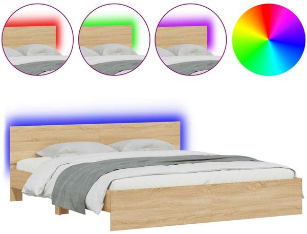 Doppelbett, Bettgestell Modernen mit Kopfteil und LED-Beleuchtung Sonoma-Eiche 200 x 200 cm d1234e