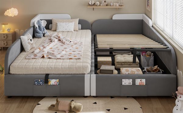 Polsterbett, Kombiniertes Kinderbett, Hydraulisches Bett mit Stauraum, Erhöhter weicher Zaun, Aufbewahrungstasche am Fußende des Bettes, Samt+Sperrholz, Grau, 90x200cm*2