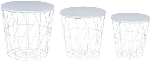 levandeo 3er Set Beistelltisch Metall Metallkorb Drahtkorb Weiß Couchtisch Deckel Aufbewahrung Design Deko Tisch