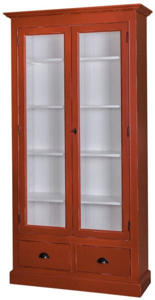 Casa Padrino Landhausstil Wohnzimmer Vitrinenschrank Antik Rot / Weiß 109 x 39 x H. 210 cm - Wohnzimmerschrank mit 2 Glastüren und 2 Schubladen