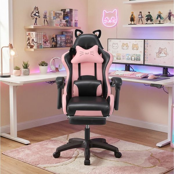 oyajia Gaming-Stuhl Bürostuhl Ergonomisch mit Kopfstütze und Katzenohren, PU-Leder (Gamer Stuhl, Racing Computerstuhl PC Stuhl mit Fußstütze Kopfstütze, 1 St), 115-125cm verstellbare Sitzhöhe, mit Lendenwirbelstütze