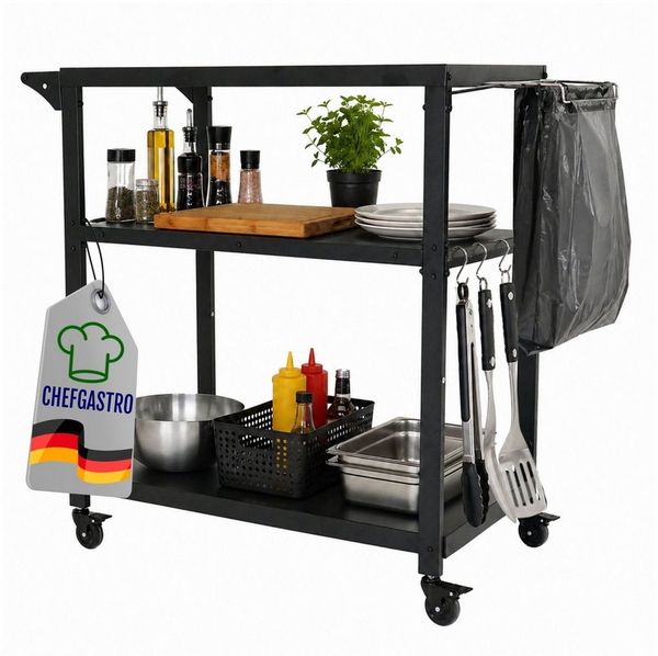 PROREGAL® Servierwagen VULCAN Outdoor 3 Ablagen Metall Grillwagen Wetterfest Grilltisch