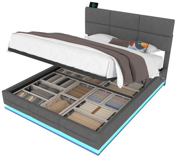OKWISH Polsterbett Stauraumbett Funktionsbett (mit hydraulischem Stauraum & LED – höhenverstellbares Kopfteil + USB/Type-C, 160x200 cm), mit Matratze