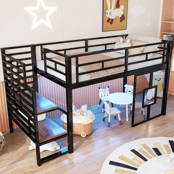 Hochbett mit LED-Streifen, Lattenrost, Rausfallschutz und Fenstern, Treppe mit Regal, 90x200 cm, Einzelbett, Kinderbett, Metall