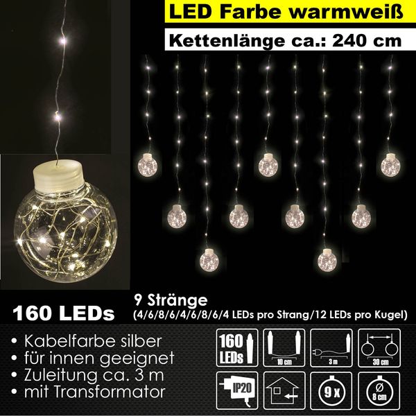 LEX LED Kugel Lichterkette – 160 warmweiße LEDs, Innenbereich, 3 m Zuleitung