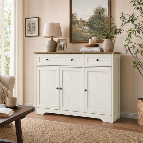 VASAGLE Küchenschrank im traditionellen Stil mit 2 Schubladen und 3 Türen 106,8 x 40 x 80 cm Weiß