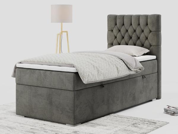 Boxspringbett PERA, Polsterbett mit Kopfstütze, gepolsterte Kopfstütze, Einzelbett, 90x200 - Dunkelgrau Velours - rechts - H4