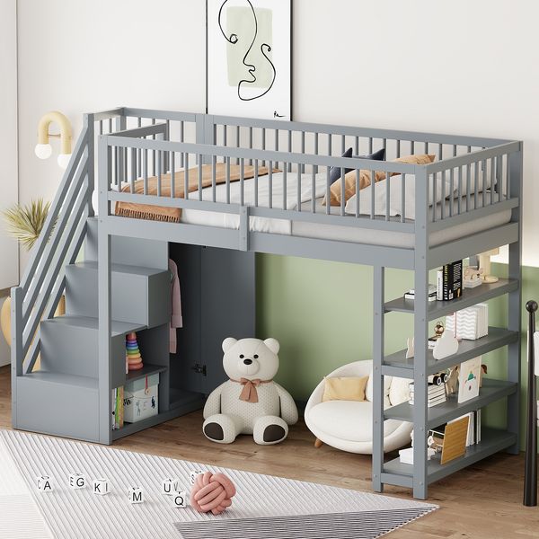 Hochbett aus Massivholz mit Stauraum, Regalen & Kleiderschrank, 90x200 cm, Grau, ohne Matratze