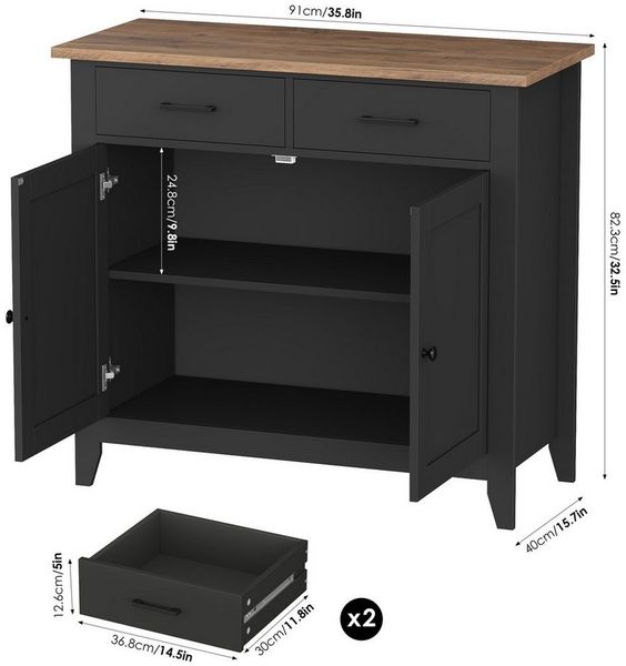 HOMECHO Sideboard, Küchenschrank mit Arbeitsplatte, 2 Schubladen, 82x40x91cm
